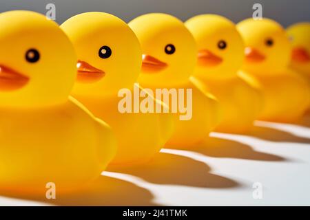 Canards en caoutchouc ou canetons d'affilée. Banque D'Images