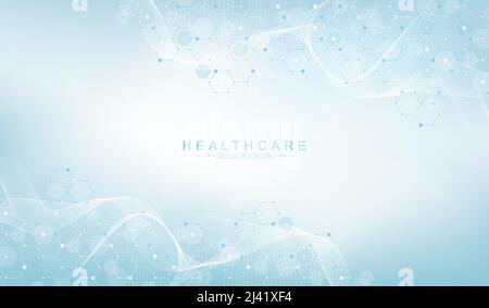 Résumé biologie et technologie pharmaceutique.Soins de santé et antécédents médicaux avec formes d'hexagons.Lignes ondulées et hexagones Illustration de Vecteur