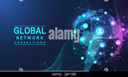 Communication par réseau social dans les réseaux informatiques mondiaux. Technologie Internet. Concept de connexion réseau globale. Illustration vectorielle. Illustration de Vecteur