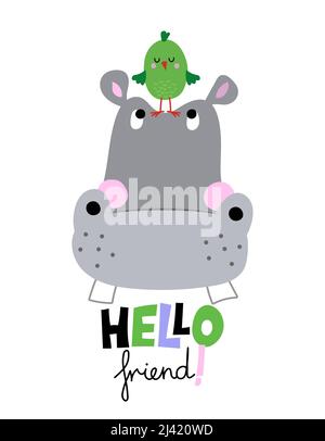 Hippopotame avec un joli oiseau vert - décoration hippo de cheval. Petite affiche hippo pour la chambre de bébé, les cartes de vœux, les enfants et les vêtements de bébé. Isoler Illustration de Vecteur