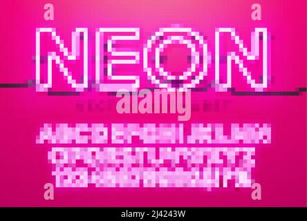 Alphabet lumineux néon sur fond rouge. Lettre vectorielle, nombre et symbole avec des caractères séparés par un effet brillant. Font Design défini pour votre Illustration de Vecteur