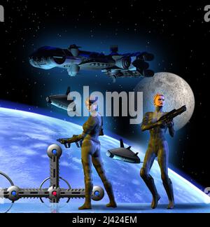 soldats futuristes dans l'espace, bataille autour de la terre, illustration 3d Banque D'Images