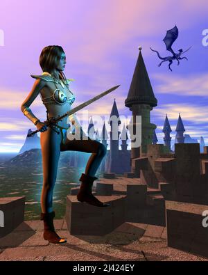 fantasy guerrier femme avec épée près du château, dans le ciel un dragon vole, 3d illustration Banque D'Images