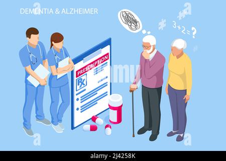 Maladie isométrique d'Alzheimer, symptômes de la maladie d'Alzheimer. La maladie d'Alzheimer est un type de démence qui affecte la mémoire, la pensée et le comportement. Illustration de Vecteur