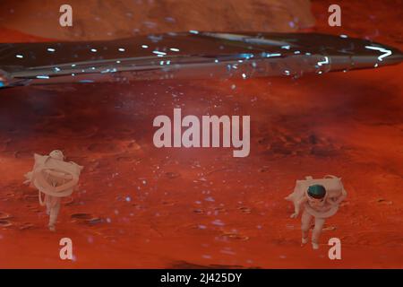 Homme et femme paire d'explorateurs sur la planète rouge mars qui marche pour la première fois le lieu du Mont Olympe après l'atterrissage de l'astronaute, entouré par la lumière bo Banque D'Images