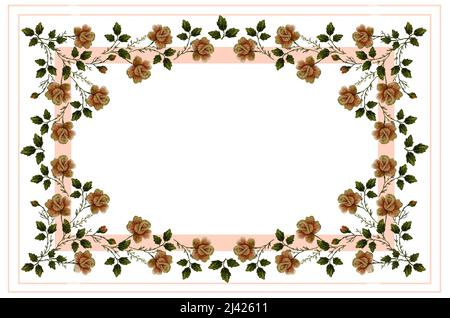 3D motif pour la broderie satinée d'une nappe à partir de bouquets avec des roses délicates sur des branches avec boutons et des feuilles vertes sur un dos blanc Banque D'Images