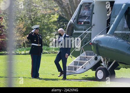 Washington, États-Unis d'Amérique. 11th avril 2022. Le président des États-Unis Joe Biden revient à la Maison Blanche à Washington, DC après un voyage d'un week-end à Wilmington, EN, DU 11 avril 2022. Crédit: Chris Kleponis/Pool/Sipa USA crédit: SIPA USA/Alay Live News Banque D'Images