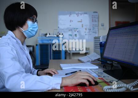 (220411) -- TIANJIN, le 11 avril 2022 (Xinhua) -- Xu Ning travaille au premier hôpital d'enseignement de l'Université de médecine traditionnelle chinoise de Tianjin avant de partir pour Shanghai, dans le nord de la Chine Tianjin, le 11 avril 2022. Tianjin a envoyé lundi une équipe de 78 travailleurs médicaux de médecine traditionnelle chinoise (TCM) pour aider Shanghai à lutter contre la pandémie COVID-19. Xu Ning, médecin en chef adjoint du premier hôpital d'enseignement de l'Université de médecine traditionnelle chinoise de Tianjin, en est l'un d'entre eux. Au cours des deux dernières années, elle a été dans les quartiers de l'hôpital de Tianjin Haihe pendant de nombreuses fois pour lutter contre le Th Banque D'Images