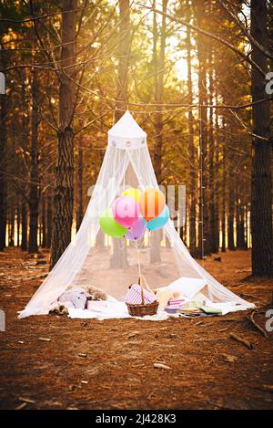 Château de fées dans les bois. Photo d'une tente faite pour une fête d'anniversaire des enfants remplie de ballons et de cadeaux à l'extérieur dans les bois. Banque D'Images