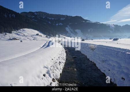 Ruisseau ou ruisseau en hiver. Les deux banques sont couvertes de neige et disparaissent en perspective. Banque D'Images