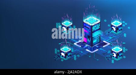 Big Data Center en traitement, salle de serveurs, base de données cloud en vue isométrique. Concept de blockchain Illustration de Vecteur