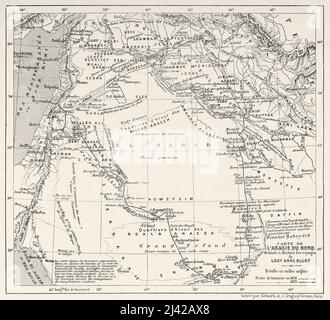 Carte de l'Arabie du Nord du pèlerinage à Nedjed, berceau de la course arabe par Lady Anna Blunt 1878-1879, le Tour du monde 1882 Banque D'Images