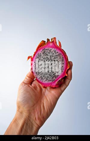 Dragon fruit, Pitaya ou Pitahaya à portée de main dans un fond lumineux Banque D'Images