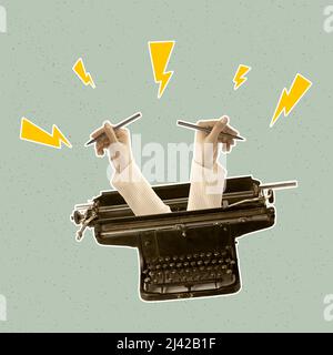 Collage art contemporain. Design vintage. Deux mains de coller à la machine à écrire rétro, de créer du texte, de l'histoire Banque D'Images