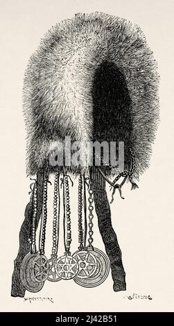 Chapeau traditionnel de Samoyed. Arctique, Russie. Le voyage de la Vega à travers l'Asie et l'Europe par Adolf Erik Nordenskiold 1879-1880, le Tour du monde 1882 Banque D'Images