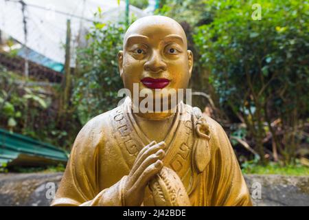 Magnifique statue de bouddha unique en vue rapprochée, en regardant l'appareil photo. Sculpture religieuse dorée représentant un bouddhiste/moine. Dix mille Bouddhas Banque D'Images