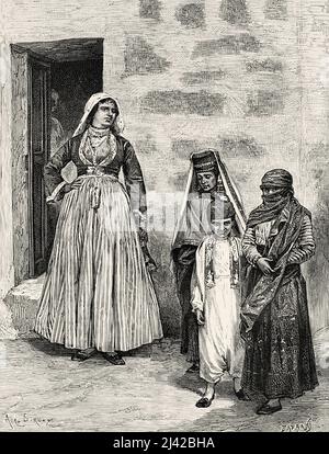 Femme juive avec ses enfants, Tiberias. Israël, Moyen-Orient, Orient. Syrie par Charles Louis Lortet (1836-1909) le Tour du monde 1882 Banque D'Images