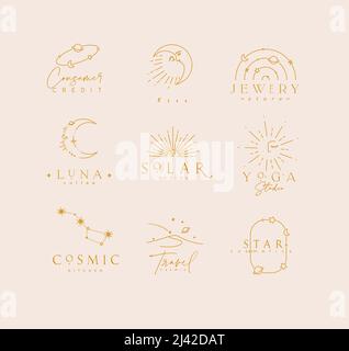 Étiquettes d'astrologie à l'élégance plate avec lettrage dans le style moderne dessin de ligne avec des lignes brunes sur fond beige Illustration de Vecteur