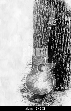 une guitare penchée sur l'arbre en style crayon Banque D'Images