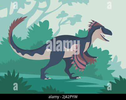 Velociraptor avec griffes dangereuses. Dinosaure prédateur de la période jurassique. Chasseur puissant. Illustration vectorielle de dessin animé. Nature forêt fond Illustration de Vecteur