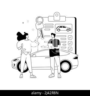 Illustration vectorielle abstraite du concept de véhicule de location. Ventes de véhicules de location, clés de stockage, meilleur prix, stationnement de la concession, présentation du véhicule, faire affaire, Illustration de Vecteur