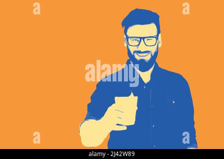 Illustration d'un bel homme barbu dans un t-shirt et des lunettes avec une tasse de café sur le fond Illustration de Vecteur