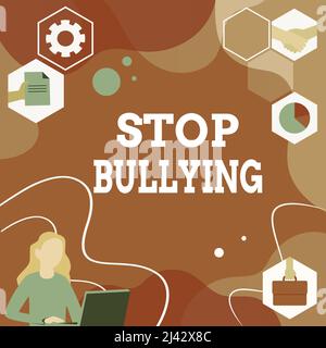 Panneau écrit à la main Stop Bullying. Business Showcase combattre et éliminer ce comportement agressif inacceptable femme pensée novatrice idées de tête Banque D'Images