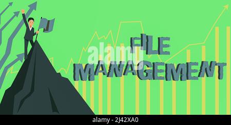 Texte indiquant la gestion des fichiers d'inspiration. Programme informatique d'approche commerciale qui fournit une interface utilisateur pour gérer les données Homme levant la main au ciel Banque D'Images