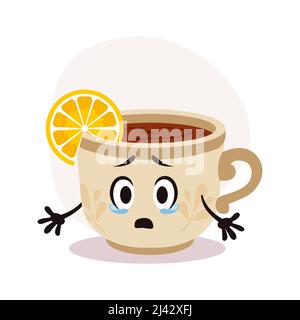 Tasse à thé blanc Vector avec boisson chaude. Thé avec un morceau de citron. Personnage de dessin animé en pleurs avec imprimé sur la surface Illustration de Vecteur