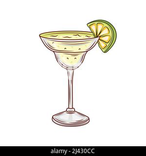 Cocktail de Margarita, boisson alcoolisée tirée à la main avec une tranche de citron vert et de sel. Illustration vectorielle Illustration de Vecteur