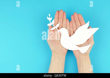 Le papier a été taillé dans les mains des femmes. Un symbole de paix Banque D'Images