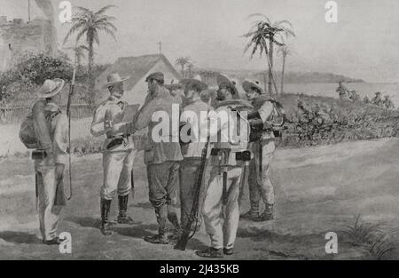 Guerre hispano-américaine. La guerre entre l'Espagne et les États-Unis en 1898, à la suite de l'intervention américaine dans la guerre d'indépendance de Cuba. Cuba. Arrestation de deux correspondants du journal américain 'World' à Salado Beach (à l'ouest de la Havane). Illustration par M. Alcázar. Photogravure par Laporta. La Ilustración Española y Americana, 1898. Banque D'Images