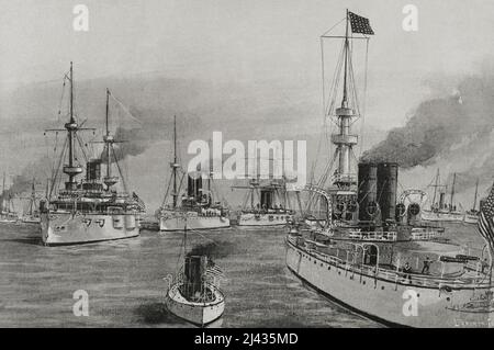 Guerre hispano-américaine (1898). Marine AMÉRICAINE. De gauche à droite : USS Texas, USS Cushing et USS Indiana. Illustration par A. de Caula. Photogravure par Laporta. La Ilustración Española y Americana, 1898. Banque D'Images