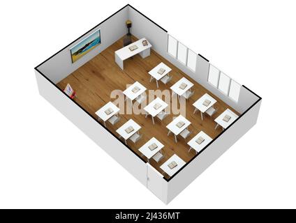 Intérieur isométrique de la salle de classe réaliste 3D. Plan de classe. Présentation salle de classe isométrique. Banque D'Images