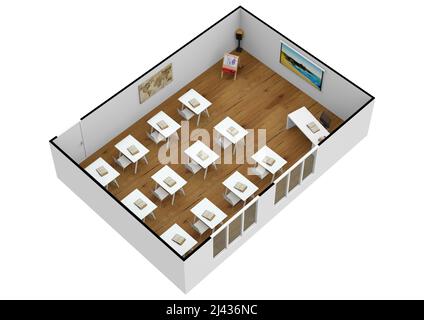 Intérieur isométrique de la salle de classe réaliste 3D. Plan de classe. Présentation salle de classe isométrique. Banque D'Images