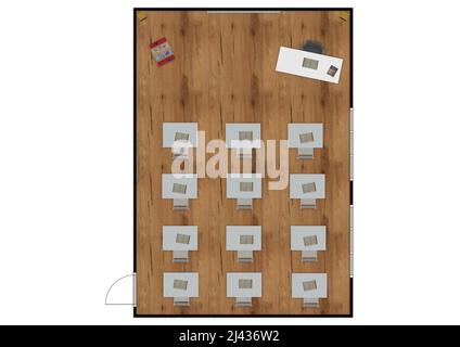 Intérieur isométrique de la salle de classe réaliste 3D. Plan de classe. Présentation salle de classe isométrique. Banque D'Images