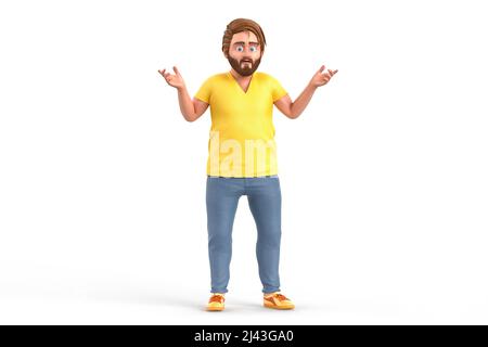 Homme confus avec une barbe portant un t-shirt décontracté tenant les mains éloignées. 3D illustration Banque D'Images