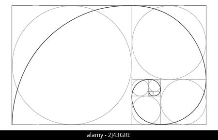 Signe Golden ratio. Spirale logarithmique en rectangle avec carrés et cercles. Séquence Leonardo Fibonacci. Modèle de proportions de symétrie idéal. Symbole mathématique. Illustration vectorielle. Illustration de Vecteur