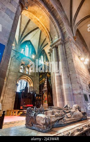 À l'intérieur de la magnifique cathédrale ornée du diocèse anglican de Hereford, avec Normon, architecture détaillée, éclairage distinctif, rangées de rouge p Banque D'Images