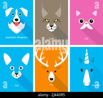 Visages de dessin animé d'animaux, icône de portrait plat mignon, illustration vectorielle Illustration de Vecteur