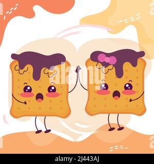Paire de tranches de pain avec dessin animé chocolat mignon personnage de boulangerie Vector Illustration de Vecteur