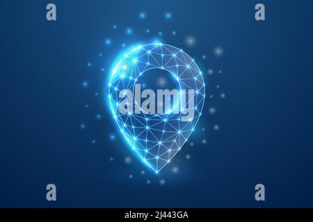 Localiser le symbole de la broche 3D en bleu de type poly bas. Navigation GPS, illustration du concept de pointeur de carte. Représentation filaire polygonale de livraison en ligne. Illustration de Vecteur