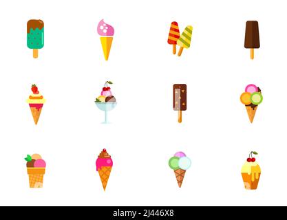 Ensemble d'icônes de desserts froids. Cale-glace Cone crèmes glacées sur bâton fraise cerise dans un bol crème glacée avec boules de noix dans le cône gaufré crème glacée cuillère à gaufrer Cu Illustration de Vecteur