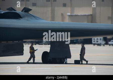 Les membres de l'escadron de maintenance des aéronefs de l'Escadre Bomb 509th aident à préparer un bombardier furtif B-2 Spirit pour un ravitaillement à ciel ouvert lors de l'exercice Agile Tiger sur la base aérienne de Whiteman, Missouri, le 4 avril 2022. L'exercice Agile Tiger était un exercice de formation à l'interopérabilité dirigé par 509th personnes qui combinait et affinait les compétences des forces militaires américaines de service actif, de garde et de réserve pour assurer la préparation au combat. (É.-U. Photo de la Garde nationale aérienne par Airman 1st classe Kelly C. Ferguson) Banque D'Images