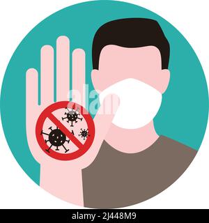 Homme portant un masque pour le protéger du nouveau coronavirus, signe d'arrêt Illustration de Vecteur