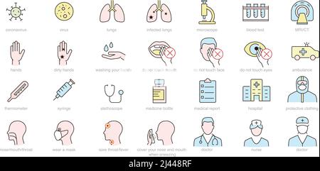 Icônes médicales et virales, conseils de prévention et de traitement pour le coronavirus Illustration de Vecteur