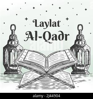 illustration laylat al-qadr dessinée à la main avec le coran et la lanterne Illustration de Vecteur