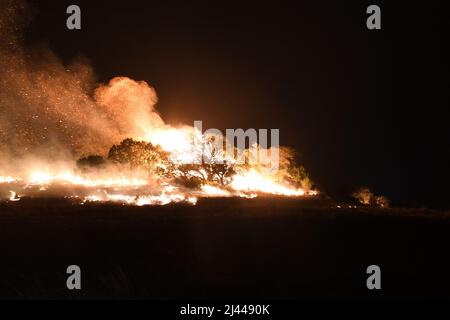 La ligne de crête d'un feu de forêt le 9 avril 2022 à la base commune de San Antonio - aire de démolition de Camp Bullis. JBSA-Camp Bullis comprend plus de 27 000 hectares de champs de tir, de zones d’entraînement et de terres sauvages du côté nord de San Antonio et est un lieu d’entraînement crucial pour les membres de la base conjointe de San Antonio. (É.-U. Photo de la Force aérienne par Brian Boisvert) Banque D'Images