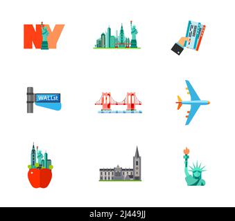 Ensemble d'icônes de voyage à New York. New York Concrete Jungle holding tickets Wall Street sign Brooklyn Bridge Air Flight Big Apple sign Statue de la liberté Illustration de Vecteur