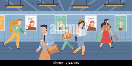 Personnes au métro, au passage à niveau ou à la station de métro. Des personnages passants, hommes, femmes et enfants, traversent le tunnel. Tourisme avec carte, piétons, adolescent sur skateboard, illustration vectorielle Line art Illustration de Vecteur